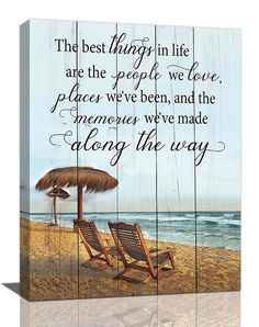 a beach scene with two chairs under an umbrella and the words, the best thing in life are the people we love