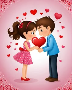 a man and woman holding a heart in front of a pink background with lots of hearts