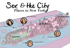 a map with many places in new york and two women's faces on it