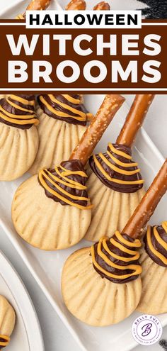 halloween witches brooms and cookies on white plates with chocolate drizzled on them