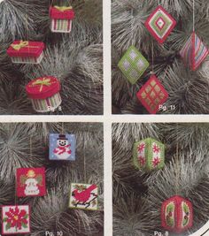 four pictures of christmas ornaments hanging from a tree with pine needles in the foreground