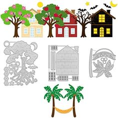 some paper cut outs with trees, houses and hammocks on them in different colors