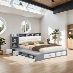 a large bed sitting inside of a bedroom on top of a hard wood floored floor