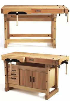 the workbench is made from wood and has two drawers