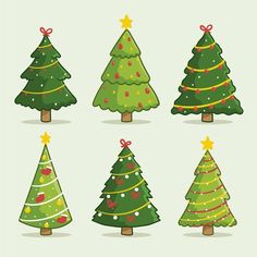 christmas trees in different styles and colors with bows on them, set of four sizes