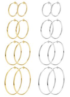 PRICES MAY VARY. ❤CLIP ON HOOP EARRINGS:Come with 8 Pairs Clip On Hoop Earrings,These Fashionable Clip On Hoop Earrings are Specially Designed for People Who Without Pierced Ears,You can Enjoy the Fun of Wearing Earrings Even If don't have Piercing. ❤MULTIPLE SIZE:Clip On Hoop Earrings Have 2 colors(Silver/Gold),Size Include Small Clip On Hoop Earrings 15mm (0.6 inch),Medium Fake Hoop Earrings 30mm (1.2 inch),Large Spring Hoop Earrings 40mm (1.5 inch),Extra Clip On Earring 60mm (2.3 inch),You Ca Cheap Nickel Free Costume Earrings, Cheap Tarnish Resistant Hoop Earrings For Formal Events, What Earrings Can You Wear With Tracksuit, Earrings No Hoop, Cheap Tarnish Resistant Hoop Earrings As Gift, Cute Earrings Hoops Simple, Earrings H, Cheap Tarnish Resistant Round Hoop Earrings, Small Stainless Steel Hoop Earrings