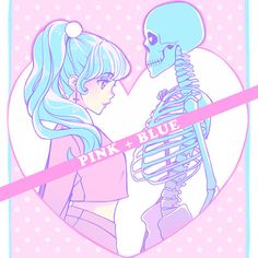 an anime character holding a skeleton in front of a pink and blue heart with the words pink & blue on it