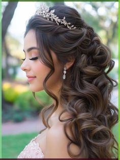 Wedding Hairstyles With A Crown, Half Updo With Tiara, Dark Hair Half Up Half Down Wedding, Up Dos For Quinceanera Hair Ideas, Half Up Half Down Hair With Tiara, Mom Of Quinceanera Hair, Prom Hairstyles With Crown, Girls Hairstyles For Weddings, Bridal Hair With Crown