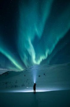 a man standing in the snow under an aurora borel light, with his back turned to the camera