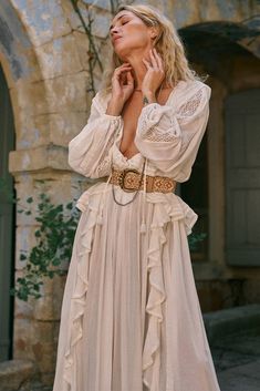 Fleur Lace Gown – SPELL - USA Ivory Dress Boho, Luxury V-neck Flowy Skirt Dress, Luxury White Flowy Dress, Ivory Bobo Dress, Boho Flare Sleeve Dress, Boho Wedding Dress Leather Jacket, Bohemian Dress Vintage, Hazel And Folk Wedding Dress, Edgy Bohemian Wedding Dress