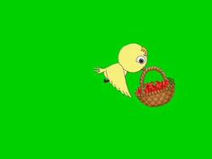 a cartoon bird flying with a basket full of red apples in it's beak