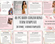 *DIGITAL FILE ONLY* No physical items will be shipped to you INSTANT ACCESS to a PDF containing your canva file. Save time and money with these easy-to-edit social media flyers. ⭐40 PC BODY CONTOURING TERM POST 2 BACKGROUND TEMPLATES 4 BONUS TEMPLATES ✔️Terms & Questions: Vacuum Therapy Cryolipolysis Radiofrequency Lipolysis CoolSculpting Laser Lipo How Cellulite Forms? Mesotherapy Lipo Cavitation Wood Therapy IPL Treatments Detox Wrap Take your brand to the next level! Create bold and beautiful Lipo Cavitation, Vacuum Therapy, Body Fat Reduction, Wood Therapy, Laser Lipo, Cool Sculpting, Cold Home Remedies, Information Graphics, Fat Reduction