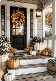 front porch decorated for fall with pumpkins and gourds