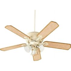 a white ceiling fan with wooden blades