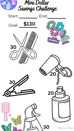 a coloring page with scissors, hairdryer and other things to do on it