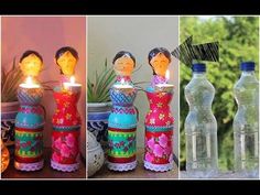 three different pictures of bottles with candles in them and some decorations on the top one