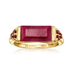 Ross-Simons - 6.00ct Ruby, .50ct t. w. Garnet Ring in 18kt Gold Over Sterling. Size 5. Embolden any outfit with the impactful look of a new statement ring - it works like a charm every time! This unique design presents a 6.00 carat ruby baguette between fiery trios of .50 ct. t. w. round garnets. Crafted in 18kt yellow gold over sterling silver. 1/4" wide. Garnet and ruby ring. Garnet birthstones are the perfect gift for January birthdays. Ruby Ring Designs, Garnet Stone Ring, Garnet Wedding Rings, Ruby Wedding Rings, Garnet Wedding, Garnet Birthstone, Garnet Ring, Ruby Stone, Garnet Stone