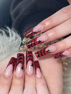 Red And Black Striped Nails, Grunge Long Nails, Slipknot Nails Acrylic, Red And Black Emo Nails, Gothic Nail Designs Ideas, Red 2000s Nails, Goth French Tips, Emo Acrylics, Red And Black Y2k Nails