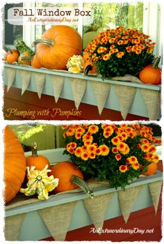 two pictures of pumpkins and flowers in a window box with the words fall window box