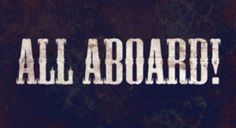 the word'all aboard'is written in white on a black background with faded edges