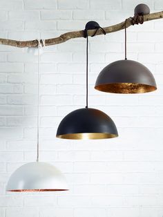 three pendant lights hanging from a tree branch