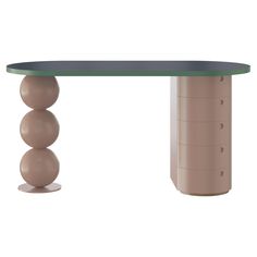 an oval table with three balls on top and a round base in the middle, against a white background