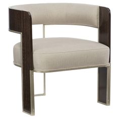 a white chair with a wooden frame and beige upholstered fabric seat padding