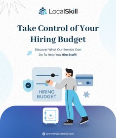 a man in blue pants and white shirt is pointing at a button that says, take control of your hiring budget