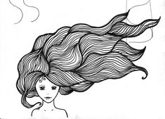 a drawing of a woman with long hair blowing in the wind, black and white