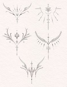 three different designs on white paper, one with an arrow and the other with flowers