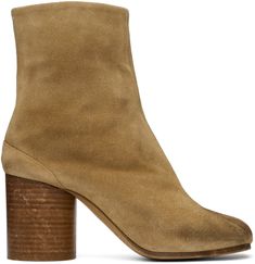 Ankle-high calfskin suede boots in beige. · Hand-treated distressing and smudging throughout · Square cleft toe · Concealed hook-eye closure at inner side · Signature white stitching at heel tab · Buffed lambskin lining · Cylindrical block heel with rubber injection · Calfskin sole · Heel: H3 Supplier color: Medal bronze Hook Eye, Suede Boots, Boot Shoes Women, Calf Skin, Block Heels, Apparel Accessories, Shoe Boots, Ankle Boots, Stitching