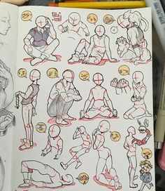 an open book with drawings of people doing different poses