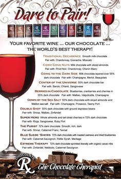 an advertisement for chocolate therapy with wine and chocolates on the table in front of it