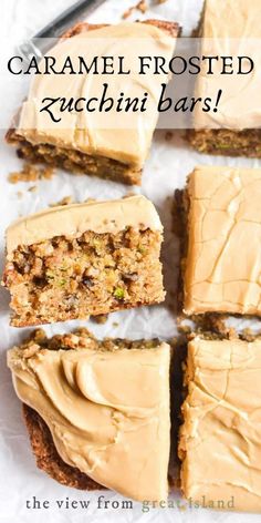 caramel frosted zucchini bars are cut into squares and stacked on top of each other