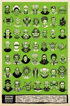 an old poster with many different faces and hair styles on it's green background