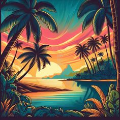 a tropical sunset with palm trees and mountains