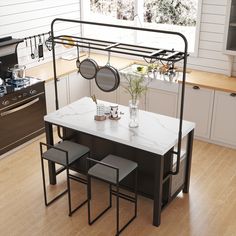 a kitchen with a table and stools next to an oven in the middle of it