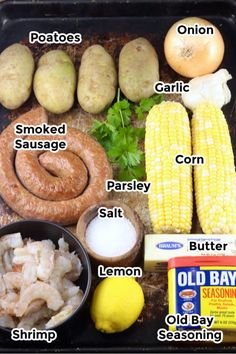 the ingredients to make this dish include potatoes, corn, butter, garlic, parsley, lemon, onion, and seasoning