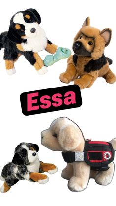 four stuffed animals with the word essa written on one side and an image of a dog holding a bottle