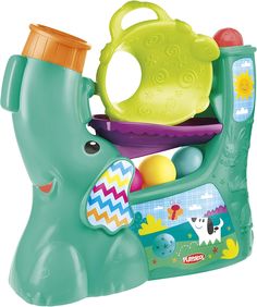 a green toy elephant with toys in it's trunk