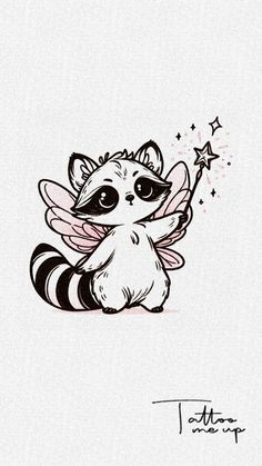 a drawing of a little racoon with stars on it's tail and wings