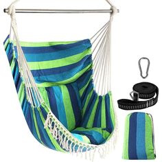 a blue and green striped hammock hanging chair