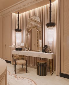 a large mirror sitting on top of a white counter next to a dressing room table