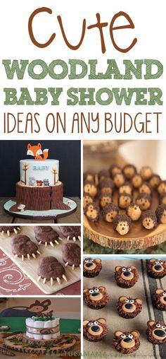 there is a collage of pictures with baby shower items on it and the words cute woodland baby shower ideas on any budget