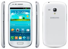 the samsung galaxy s3 mini is white and has a small screen on its back