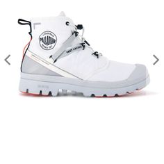 Palladium Pampa Travel Lite+ Waterproof Star White White Fade-resistant Sneakers For Outdoor Activities, Fade-resistant White Sneakers For Outdoor Activities, Waterproof Outdoor Sneakers, Waterproof Sneakers With White Sole For Outdoor, Weatherproof White Hiking Boots, White Waterproof Sneakers For Outdoor Activities, Waterproof White Sneakers For Outdoor Activities, White Weatherproof Hiking Boots, White Casual Boots For Sports