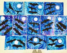 six paintings with bats on them in blue and purple