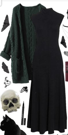 All Black Witch Outfit, Green Witch Outfit Modern, Witch Fashion Modern, Witchy Aesthetic Clothing, Witchy Look Outfit, Witchy Everyday Outfits, Witch Outfit Modern Aesthetic, Witches Of East End Outfits, Halloween Work Outfit Ideas