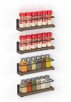 three shelves with spices and seasonings on them