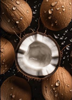 coconuts with water drops on them and one in the middle surrounded by other ones